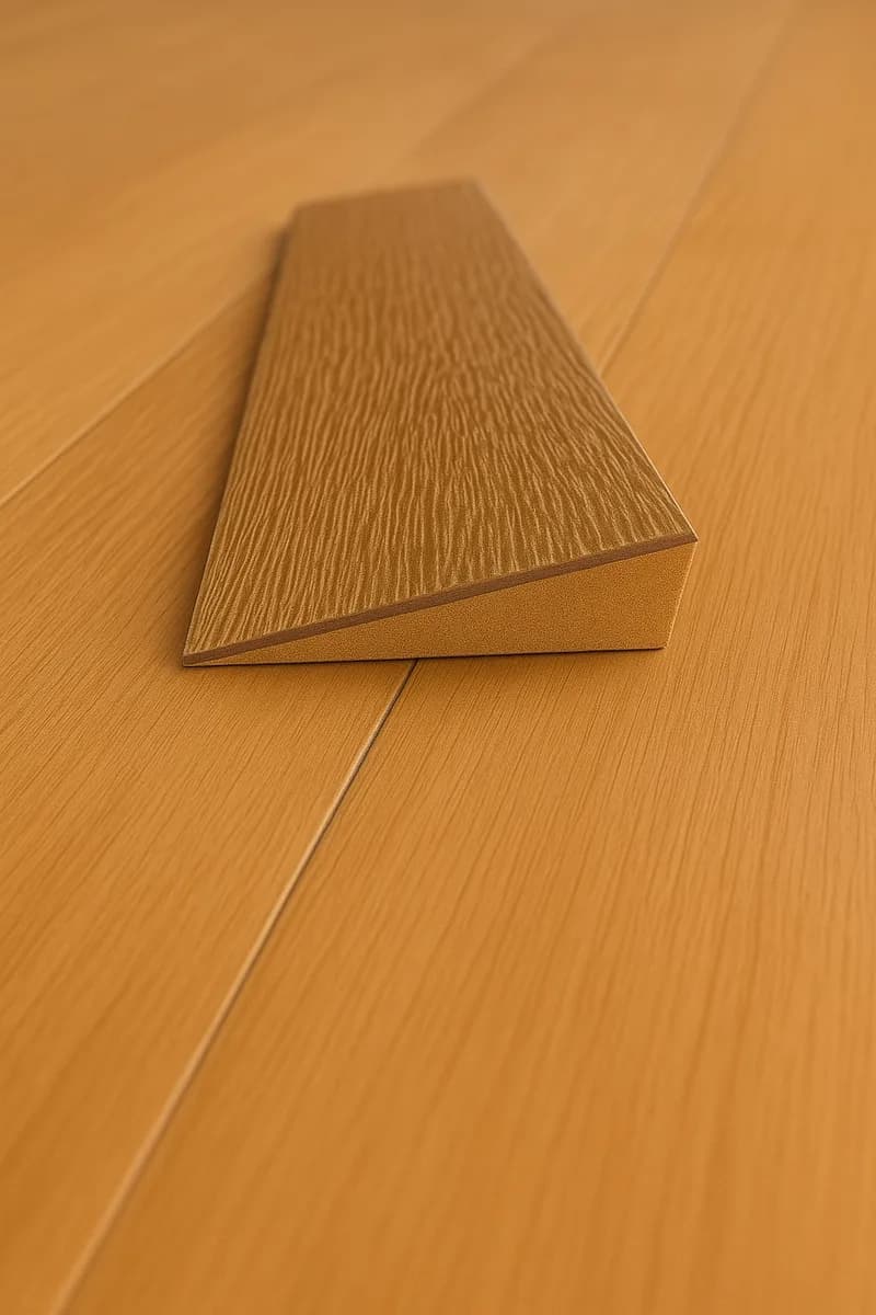 A custom flooring reducer sloping between two floor heights.